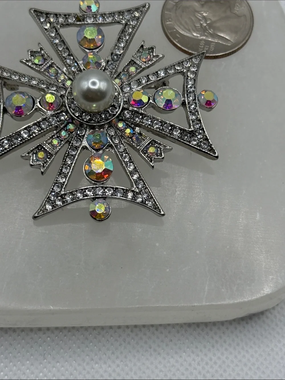 High end Vintage Aurora Borealis pave rhinestone  Cross Brooch faux Pearl Center